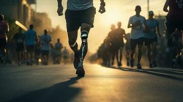 Generative AI, person with disability, prosthetic limb running and does not feel obstacles, photo