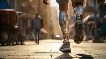 Generative AI, person with disability, prosthetic limb running and does not feel obstacles, photo