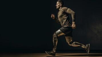 Generative AI, person with disability, prosthetic limb running and does not feel obstacles, photo