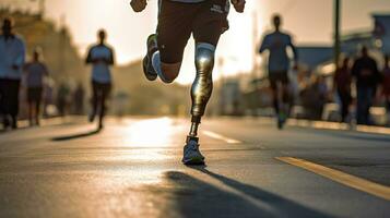 Generative AI, person with disability, prosthetic limb running and does not feel obstacles, photo