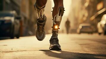 Generative AI, person with disability, prosthetic limb running and does not feel obstacles photo