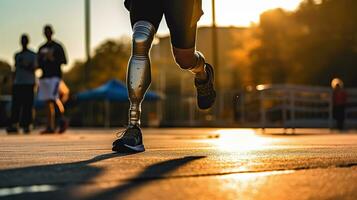 Generative AI, person with disability, prosthetic limb running and does not feel obstacles photo