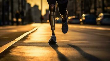 Generative AI, person with disability, prosthetic limb running and does not feel obstacles, photo