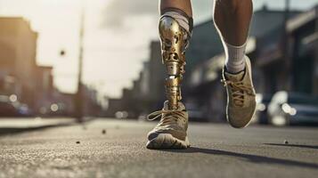 Generative AI, person with disability, prosthetic limb running and does not feel obstacles photo