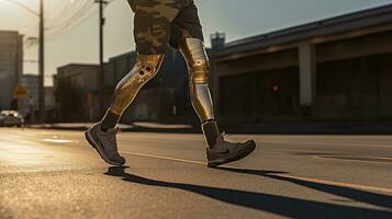 Generative AI, person with disability, prosthetic limb running and does not feel obstacles, photo