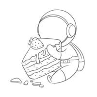 Astronaut is eating a cake with strawberry topping for coloring vector