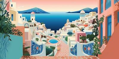 generativo ai, santorini, Grecia tema pared Arte impresión matisse estilo póster, plano estilo ilustración foto