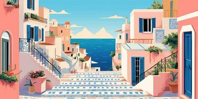 Generative AI, Santorini, Greece theme wall art print matisse style poster, flat style illustration photo