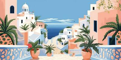 Generative AI, Santorini, Greece theme wall art print matisse style poster, flat style illustration photo