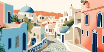 Generative AI, Santorini, Greece theme wall art print matisse style poster, flat style illustration photo