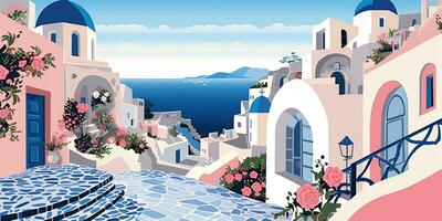 Generative AI, Santorini, Greece theme wall art print matisse style poster, flat style illustration photo