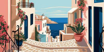 Generative AI, Santorini, Greece theme wall art print matisse style poster, flat style illustration photo