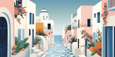 Generative AI, Santorini, Greece theme wall art print matisse style poster, flat style illustration photo