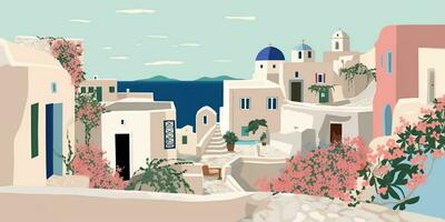 Generative AI, Santorini, Greece theme wall art print matisse style poster, flat style illustration photo