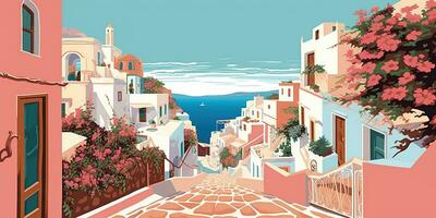 Generative AI, Santorini, Greece theme wall art print matisse style poster, flat style illustration photo