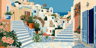 Generative AI, Santorini, Greece theme wall art print matisse style poster, flat style illustration photo