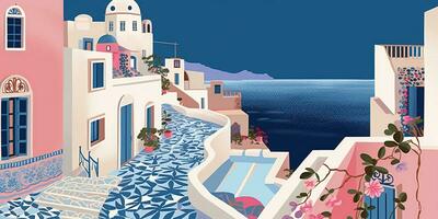 Generative AI, Santorini, Greece theme wall art print matisse style poster, flat style illustration photo