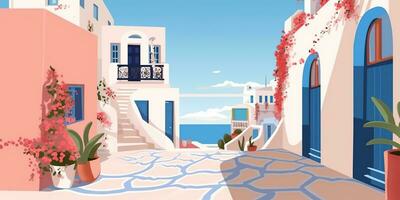 Generative AI, Santorini, Greece theme wall art print matisse style poster, flat style illustration photo