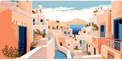 Generative AI, Santorini, Greece theme wall art print matisse style poster, flat style illustration photo