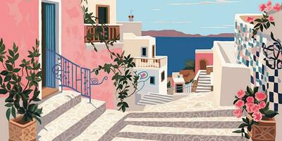 Generative AI, Santorini, Greece theme wall art print matisse style poster, flat style illustration photo