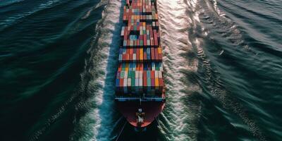 Generative AI, container ship in import export and business logistic. Aerial view, water transport, cargo shipping in open sea. photo