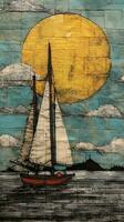 Generative AI, Painted art sailboat, Harbor on the sunset. Cumulus Clouds, inspired by Bernard Buffet. Hand drawn ship photo