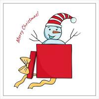 Snowman in a gift box colored doodle. Christmas present. Hand drawn vector illustration.