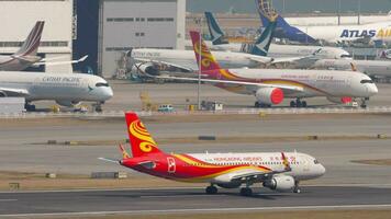 HONG KONG NOVEMBER 10, 2019 - Hongkong Airlines Airbus A320 B LPN climbing up in the air after take off from Chek Lap Kok International Airport, Hong Kong. Aircraft ready to fly video