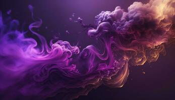 Generative AI, Flowing lavender violet liquid and smoke with splashes. Bright fluid banner, 3D effect, modern macro realistic abstract background illustration, ink in water effect. photo