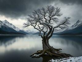 un solitario árbol soportes en el apuntalar de un lago con montañas en el antecedentes ai generado foto