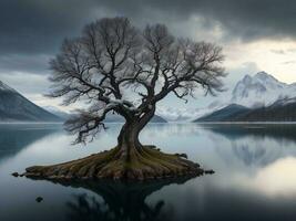 un solitario árbol soportes en el apuntalar de un lago con montañas en el antecedentes ai generado foto