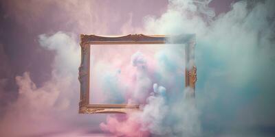 Generative AI, pastel light smoke around empty vintage beautiful frame. photo