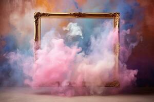 Generative AI, pastel light smoke around empty vintage beautiful frame. photo