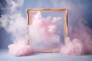 Generative AI, pastel light smoke around empty vintage beautiful frame. photo