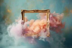 Generative AI, pastel light smoke around empty vintage beautiful frame. photo