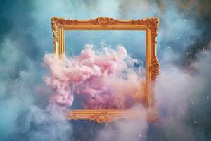 Generative AI, pastel light smoke around empty vintage beautiful frame. photo