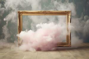 Generative AI, pastel light smoke around empty vintage beautiful frame. photo