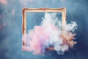 Generative AI, pastel light smoke around empty vintage beautiful frame. photo