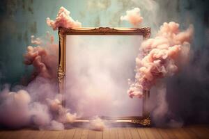 Generative AI, pastel light smoke around empty vintage beautiful frame. photo