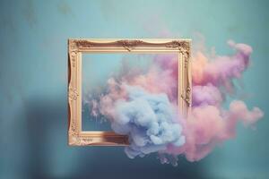 Generative AI, pastel light smoke around empty vintage beautiful frame. photo