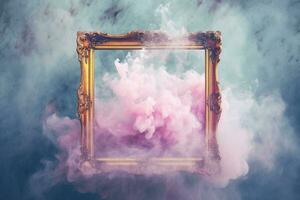 Generative AI, pastel light smoke around empty vintage beautiful frame. photo