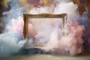 Generative AI, pastel light smoke around empty vintage beautiful frame. photo