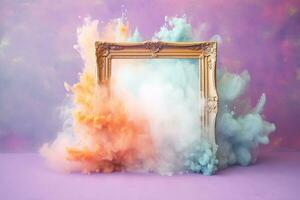 Generative AI, pastel light smoke around empty vintage beautiful frame. photo