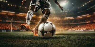 generativo ai, fútbol americano bota pateando un fútbol pelota, objetivo momento en el estadio foto