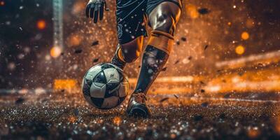 Generative AI, football boot kicking a soccer ball, goal moment on the stadium photo