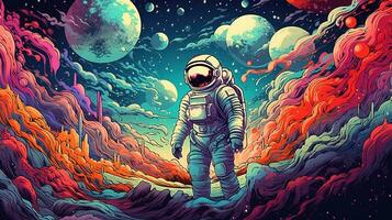 Generative AI, Psychedelic Space banner template, nostalgic 80s, 90s background. Horizontal illustration of the future landscape with mountains, planets, trees, moon. Surrealist escapism concept. photo