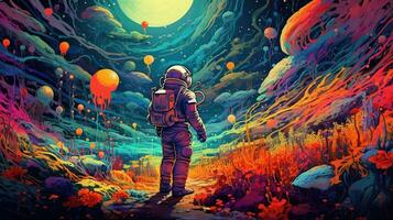 Generative AI, Psychedelic Space banner template, nostalgic 80s, 90s background. Horizontal illustration of the future landscape with mountains, planets, trees, moon. Surrealist escapism concept. photo