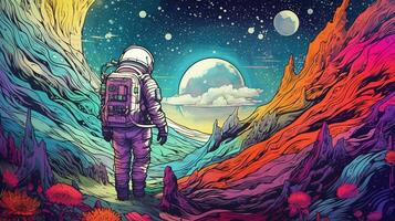 Generative AI, Psychedelic Space banner template, nostalgic 80s, 90s background. Horizontal illustration of the future landscape with mountains, planets, trees, moon. Surrealist escapism concept. photo