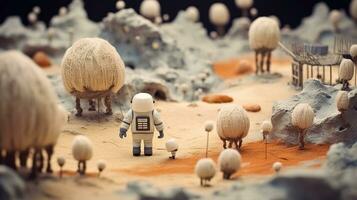 Generative AI, Space adventure illustration made of wool. Cosmic planet craft landscape with astronaut. photo