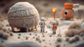 Generative AI, Space adventure illustration made of wool. Cosmic planet craft landscape with astronaut. photo